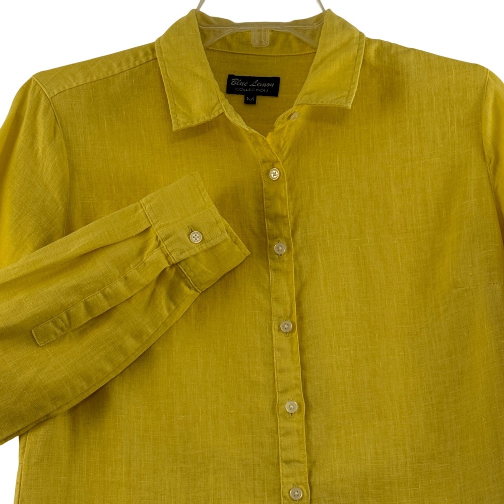 Blue Lemon Collection Shirt Dress Women Medium Yellow Linen Blend Long Sleeve